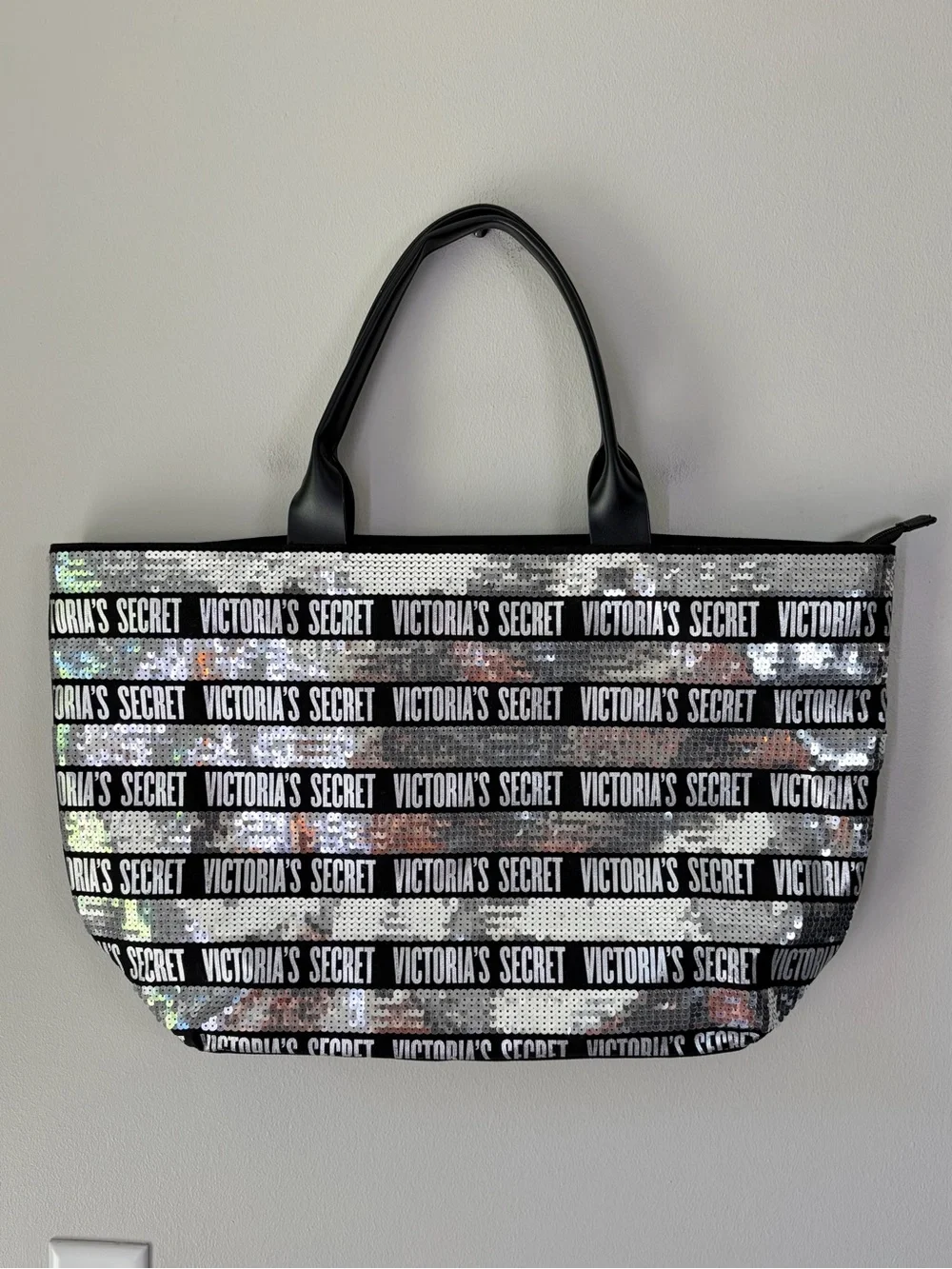 Victoria’s Secret Silver and Black Sequin Striped Weekender Canvas Tote Bag
